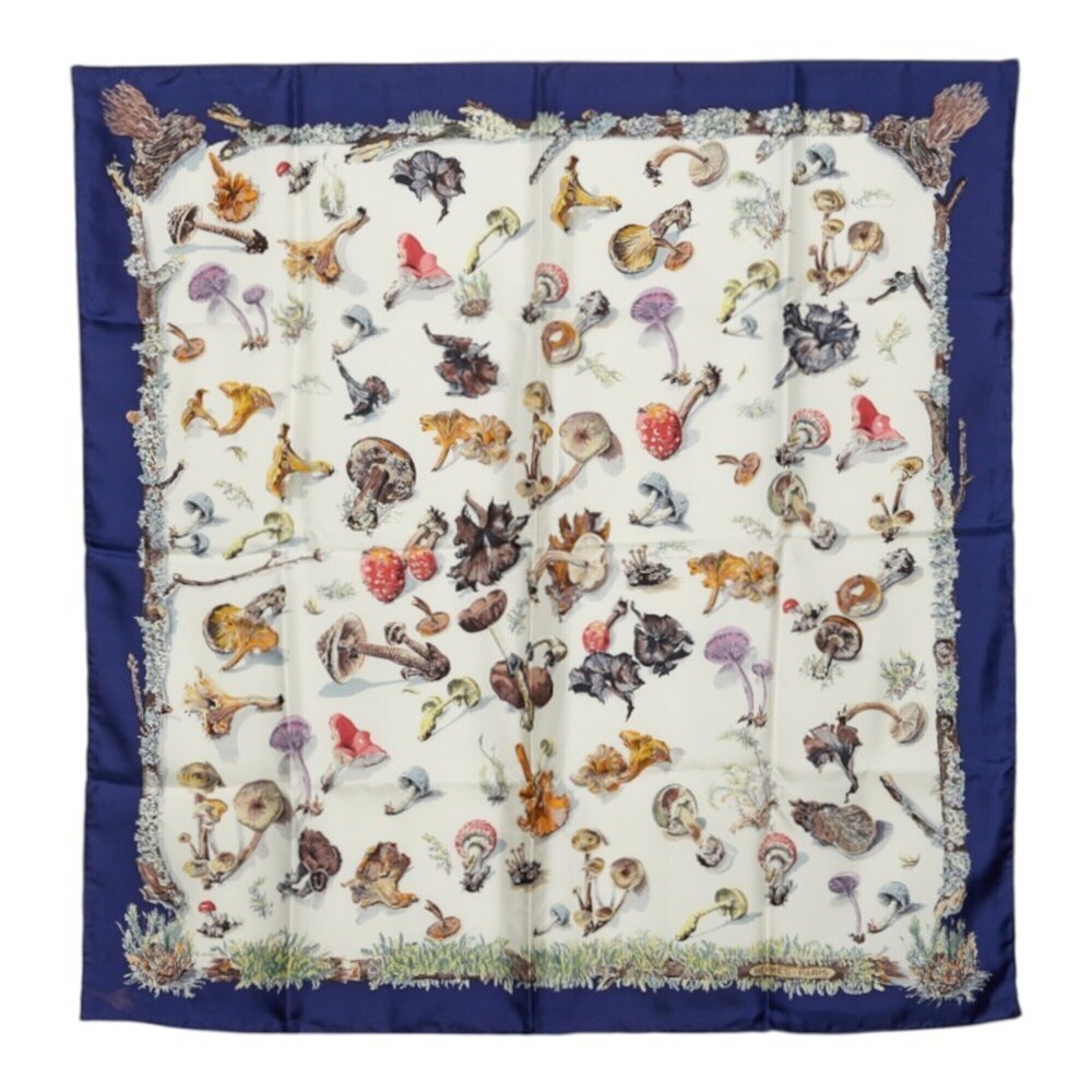 Hermes Carre 90 Champignons (Mushroom) Scarf/Muffler, Large Size, Navy Multic...
